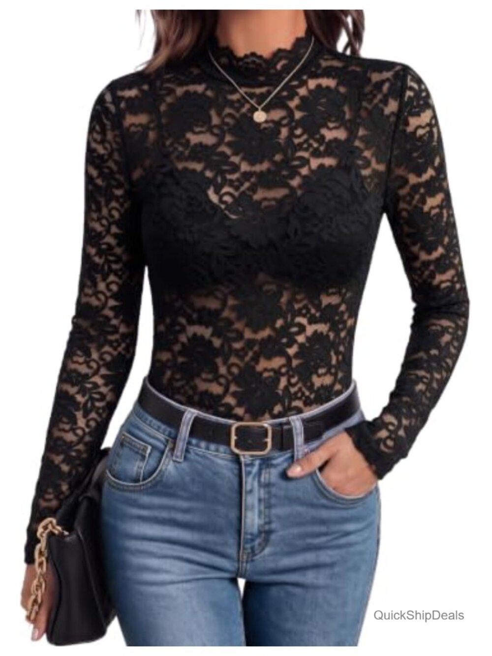 Lace Mesh Sheer Long Sleeve Mock Neck Blouse Top
